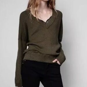 Zadig & Voltaire “Brumy” Organic Cotton, Olive Green, V-Neck Sweater